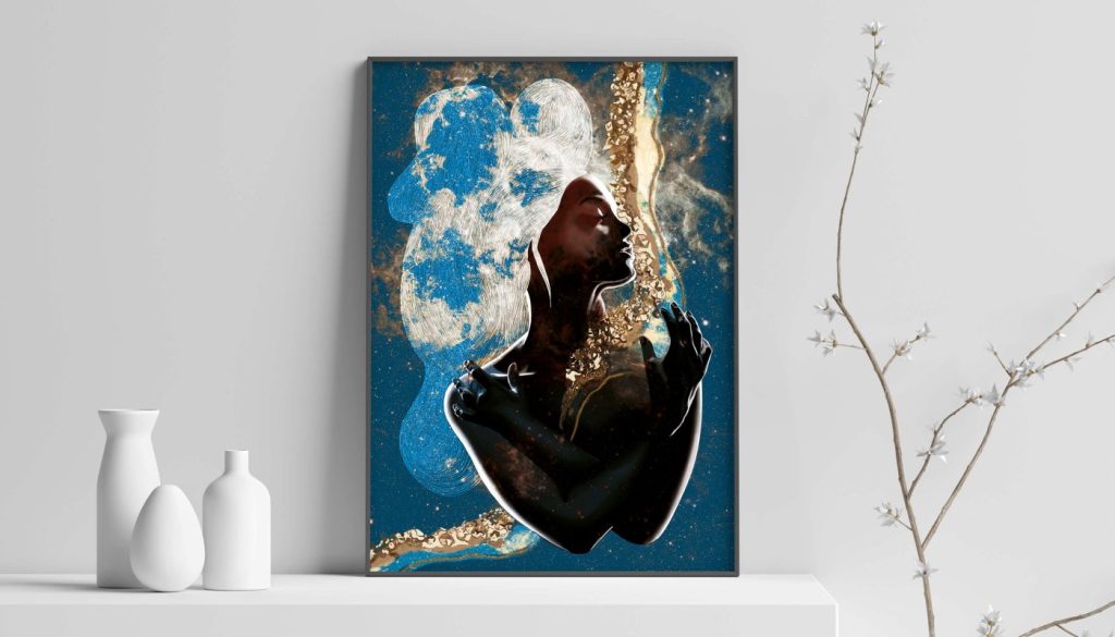 Illustrazione astratta di donna che abbraccia dei minerali fluttuanti