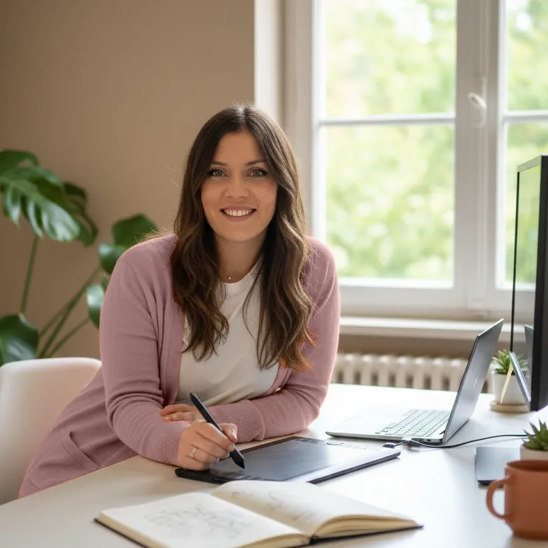 Foto ritratto Veronica Galante alla scrivania con cardigan rosa