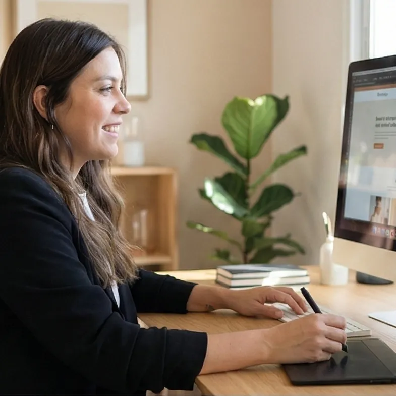 Foto di Veronica Galante in studio al computer